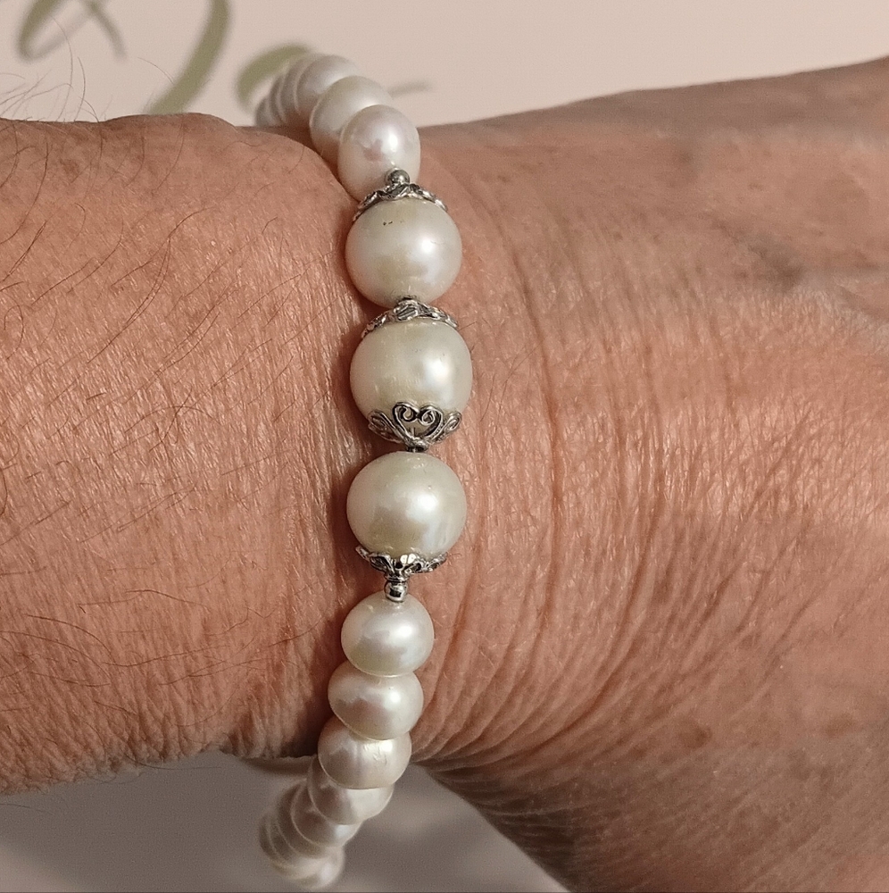 WHITE CULTURED FRESHWATER PEARL STERLING SILVER BRACELET 7.5 - Picture 5 of 6